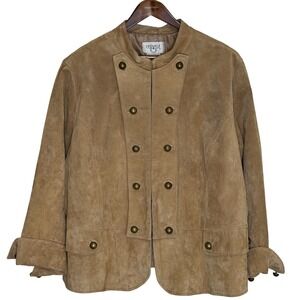 Vintage CÉRVÉLLE Suede Leather Jacket 3X Tan Brass Button Hook Closure Lined
